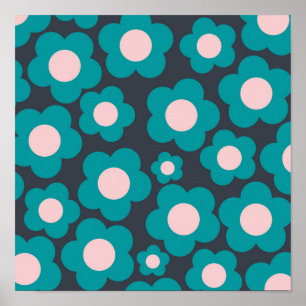 Preppy Blue Pink Hippie Flower Pattern Poster