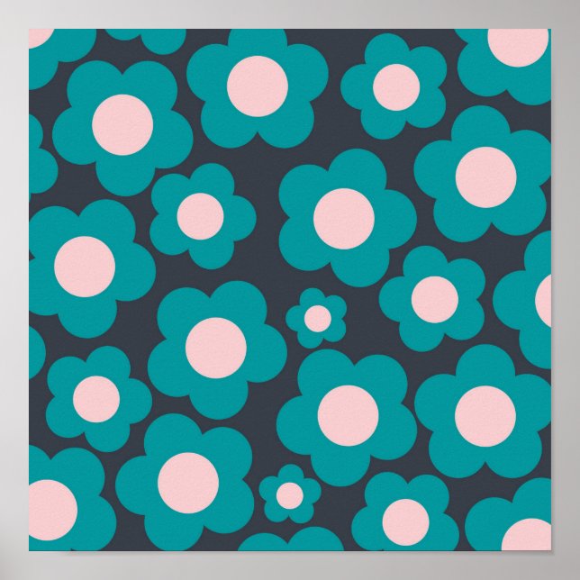 Preppy Blue Pink Hippie Flower Pattern Poster (Front)