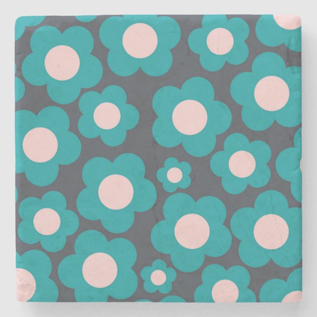 Preppy Blue Pink Hippie Flower Pattern Stone Coaster (Front)