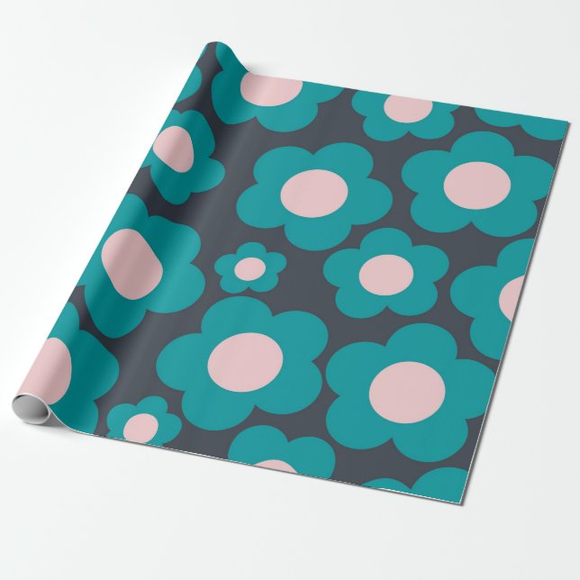 Preppy Blue Pink Hippie Flower Pattern Wrapping Paper (Unrolled)
