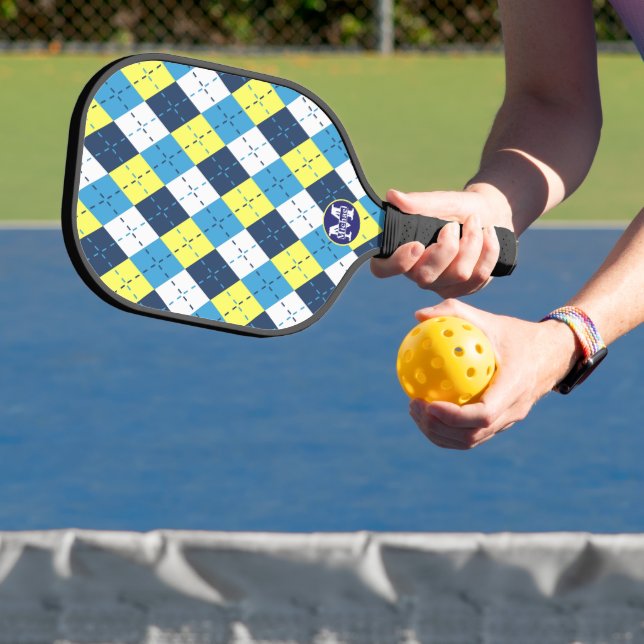 Preppy Blue Raspberry Lemon Argyle Monogrammed Pickleball Paddle (Insitu)