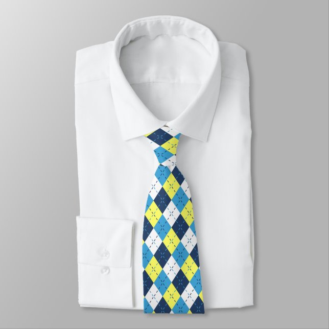 Preppy Blue Raspberry Lemon Yellow Argyle  Tie (Tied)
