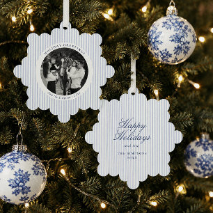 Preppy Blue Stripe Holiday Christmas Photo Ornament Card