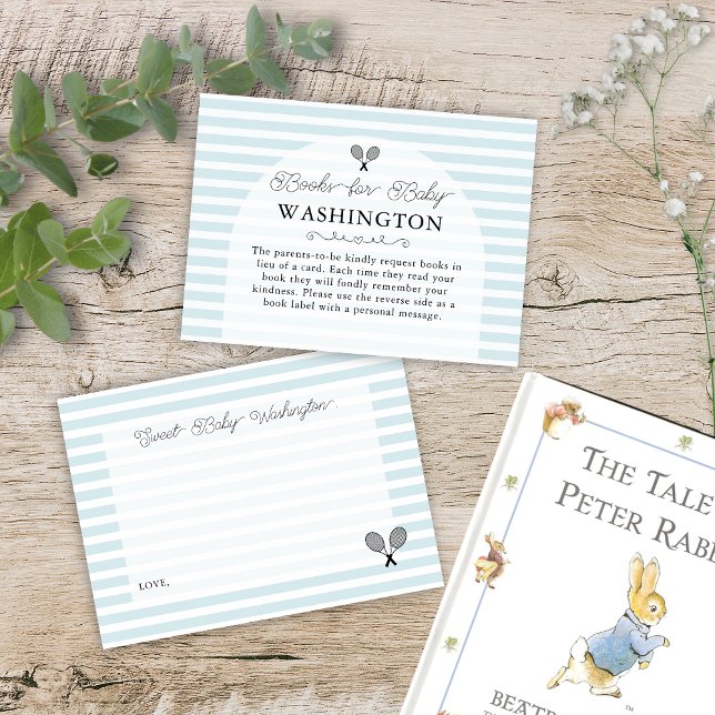 Preppy Blue Tennis Baby Shower Book Request Enclosure Card (Elegant baby blue books for baby book request cards for preppy chic country club baby shower events )