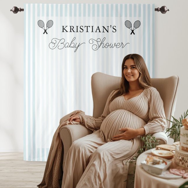 Preppy Blue Tennis Theme Baby Shower Backdrop Tapestry (blue and white strip tennis theme baby shower photo backdrop tapestry decor)