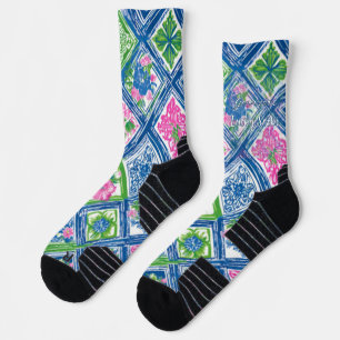 Preppy Blue Tile Floral Custom Name Crew Socks