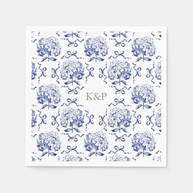 Preppy Blue Toile Hydrangea Bow with Name Napkin (Front)