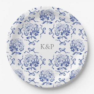 Preppy Blue Toile Hydrangea Bow with Name Paper Plate