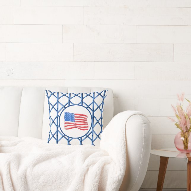 Preppy Blue Trellis Bamboo Pattern American Flag Throw Pillow (Couch)