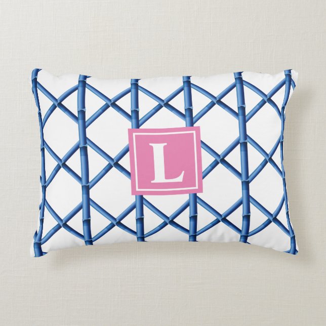 Preppy Blue Trellis Bamboo Pattern Monogram Accent Pillow (Front)