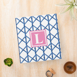 Preppy Blue Trellis Bamboo Pattern Monogram Binder