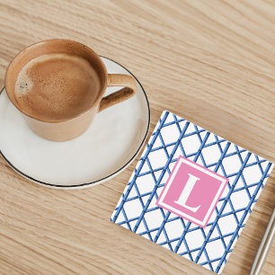 Preppy Blue Trellis Bamboo Pattern Monogram Card