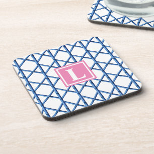 Preppy Blue Trellis Bamboo Pattern Monogram Coaster