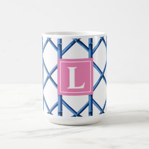 Preppy Blue Trellis Bamboo Pattern Monogram Coffee Mug