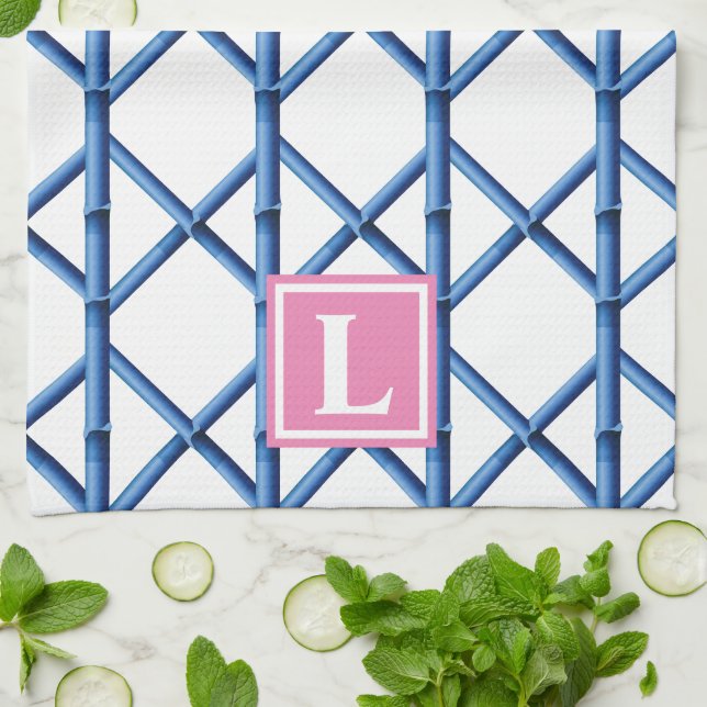 Preppy Blue Trellis Bamboo Pattern Monogram Kitchen Towel (Folded)