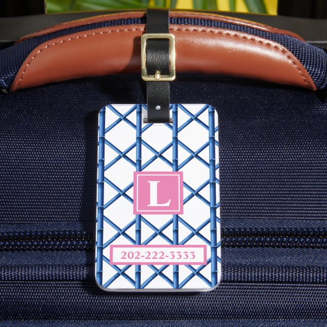 Preppy Blue Trellis Bamboo Pattern Monogram Luggage Tag (Front Insitu 2)