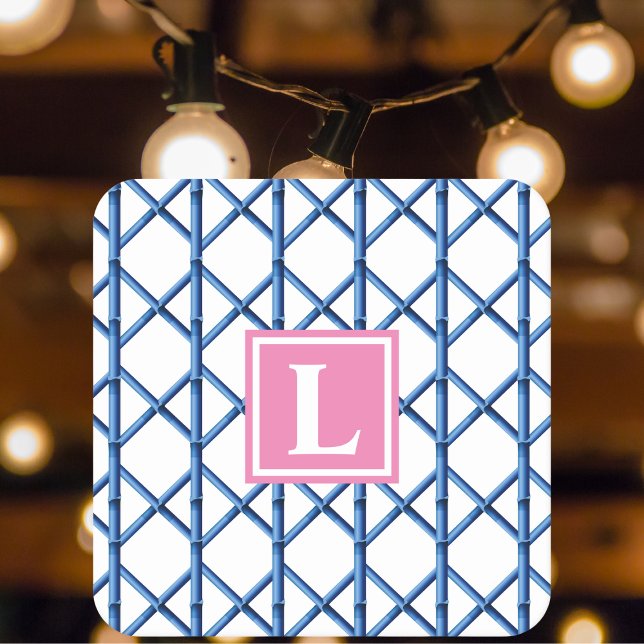 Preppy Blue Trellis Bamboo Pattern Monogram Square Paper Coaster (Creator Uploaded)