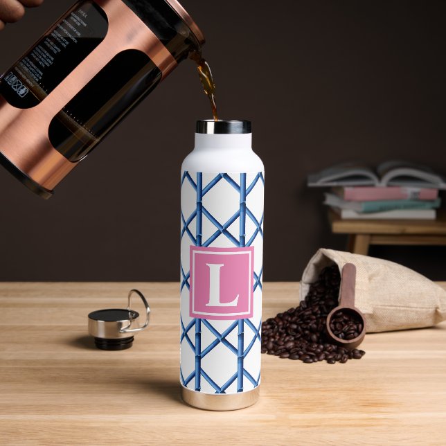 Preppy Blue Trellis Bamboo Pattern Monogram Water Bottle (Coffee)