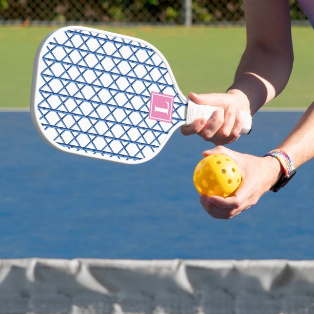 Preppy Blue Trellis Bamboo Small Pattern Monogram Pickleball Paddle (Insitu)