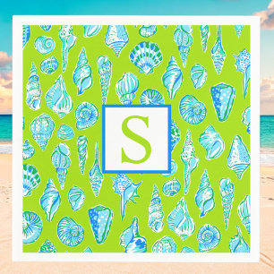 Preppy Blue White Seashells Lime Green Coastal Napkin