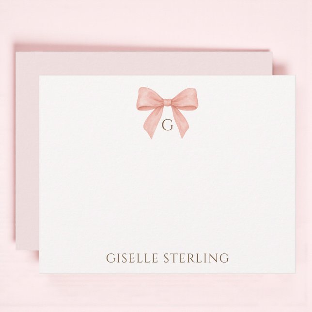 Preppy Blush Pink Bow Watercolor Monogram Card (Creator Uploaded)