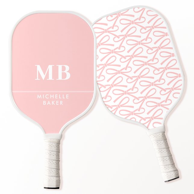 Preppy Blush Pink Ribbon Bow Personalized Monogram Pickleball Paddle (Creator Uploaded)