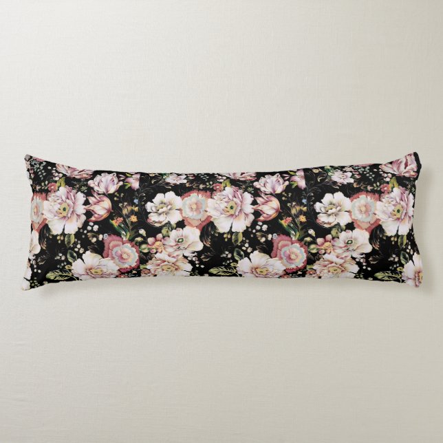 Preppy bohemian country girly chic black floral body pillow (Front)