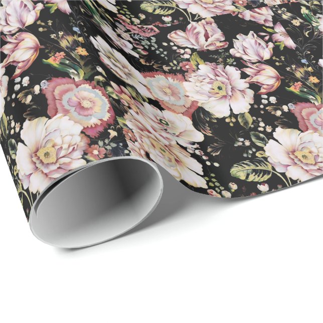 Preppy bohemian country girly chic black floral wrapping paper (Roll Corner)
