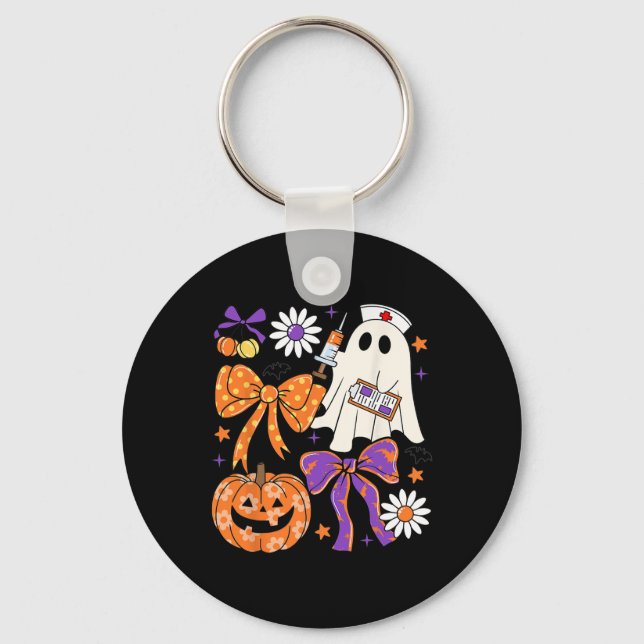 Preppy Boho Floral Nurse Ghost Coquette Bow Hallow Keychain (Front)