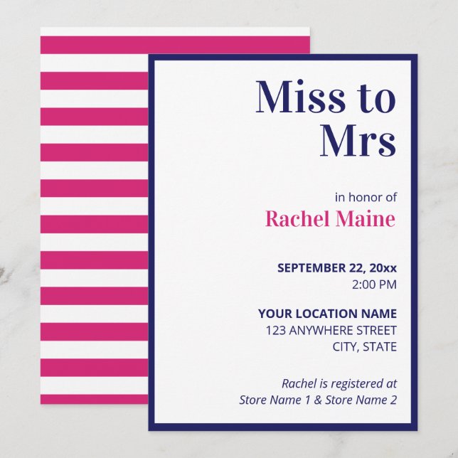 Preppy Bold Blue & Pink Stripes Bridal Shower Invitation (Front/Back)