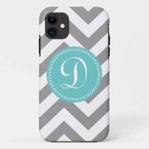 Preppy Bold Chevron Grey and Turquoise Monogram iPhone 11 Case