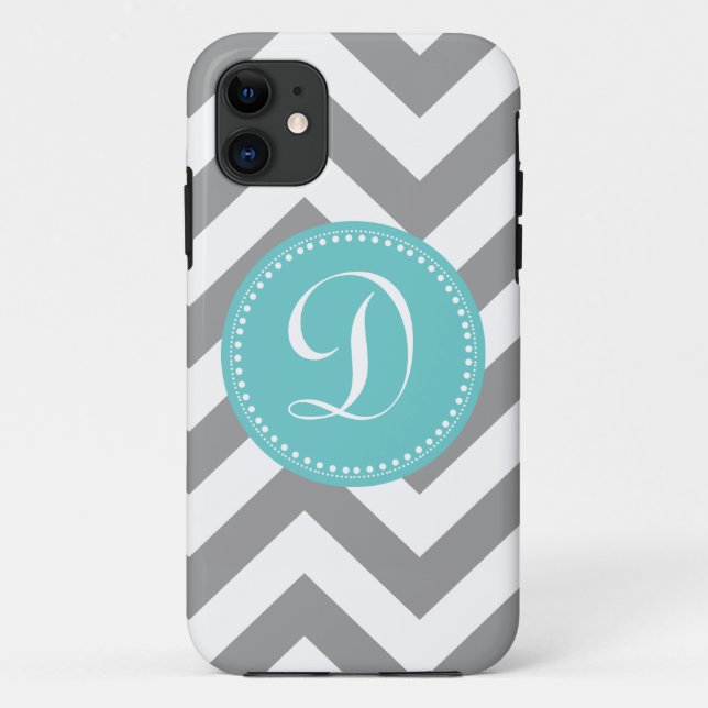 Preppy Bold Chevron Grey and Turquoise Monogram Case-Mate iPhone Case (Back)