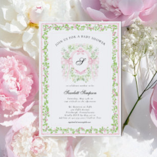 Preppy Botanical Pink Bow Monogram Baby Shower   Invitation