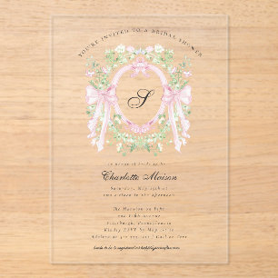 Preppy Botanical Pink Bow Monogram Bridal Shower Acrylic Invitations