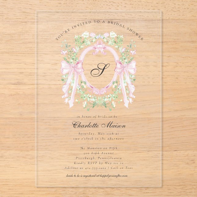 Preppy Botanical Pink Bow Monogram Bridal Shower  Acrylic Invitations (Front)