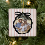 Preppy Bow Frame Crimson Photo Ceramic Ornament<br><div class="desc">Festive Crimson Red Preppy Stripe Pattern with Black Ribbon Bow Photo Frame,  Christmas Ornament.</div>