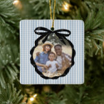 Preppy Bow Frame Indigo Photo Ceramic Ornament<br><div class="desc">Festive Preppy Indigo Ice Blue Stripe Pattern with Black Ribbon Bow Photo Frame,  Christmas Ornament.</div>