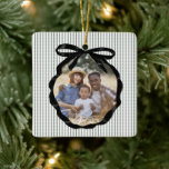 Preppy Bow Frame Pine Photo Ceramic Ornament<br><div class="desc">Festive Preppy Pine Forest Green Stripe Pattern with Black Ribbon Bow Photo Frame,  Christmas Ornament.</div>