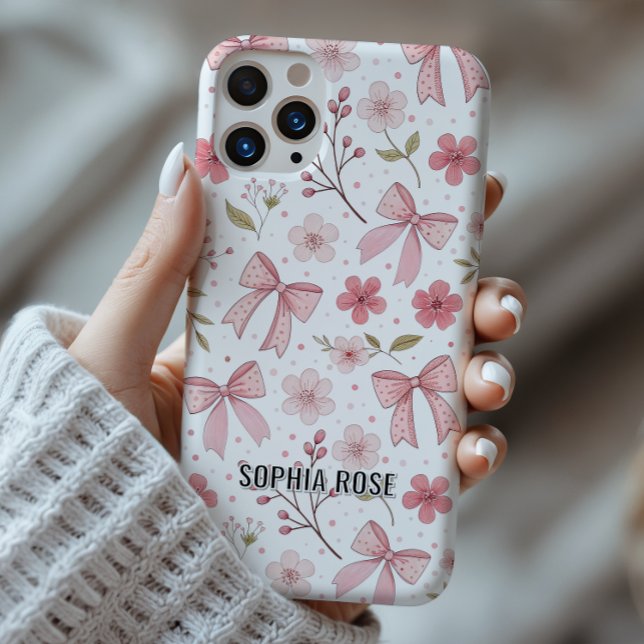 Preppy Bow Motif coque iphone de nom personnalisé (Preppy bows pattern iphone case with personalized name, coquette and feminine aesthetic)