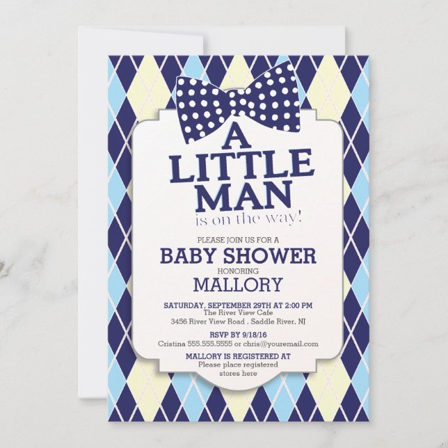 Preppy Bow Tie Argyle Little Man Boys Baby Shower Invitation (Front)