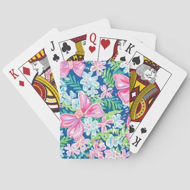 Preppy Bows Flowers Tropical Blue Playing Cards (Back)