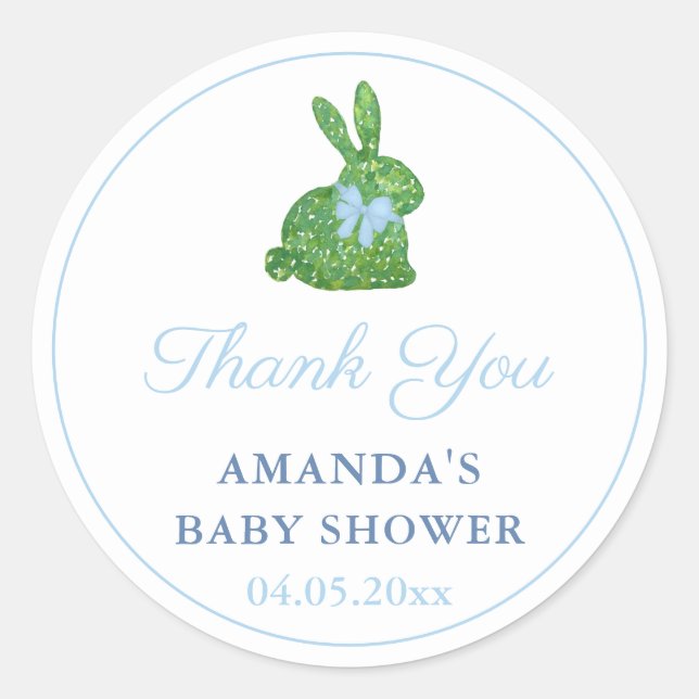 Preppy Boxwood Bunny Blue Bow Baby Shower Favour Classic Round Sticker (Front)