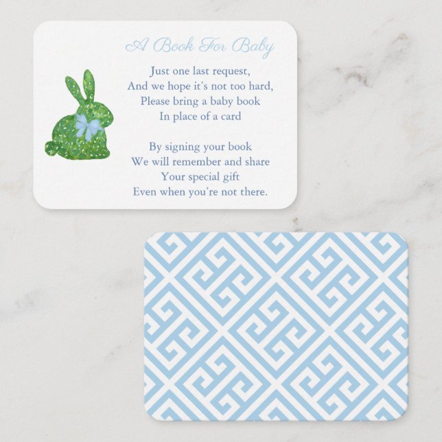 Preppy Boxwood Bunny Books For Baby Boy Shower Enclosure Card (Front/Back)