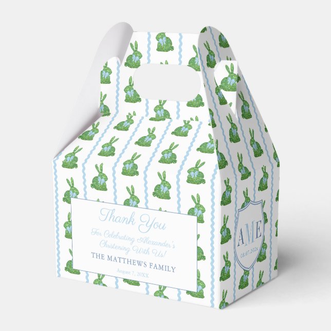 Preppy Boxwood Bunny RicRac Boy Christening Party Favor Box (Front Side)