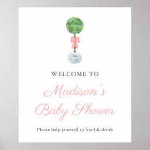 Preppy Boxwood Pink Bow Baby Shower Welcome Poster