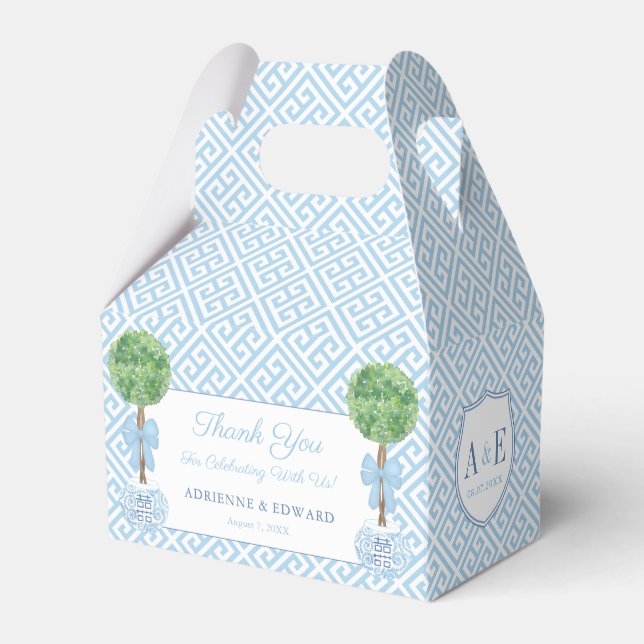 Preppy Boxwood Topiary Monogram Blue Green Wedding Favor Box (Front Side)