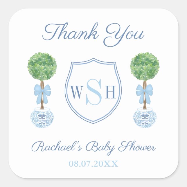 Preppy Boy Baby Shower Monogram Thank You Favour Square Sticker (Front)