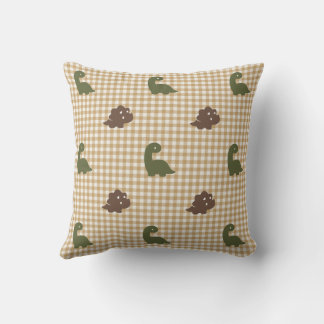 Preppy Boys Dinosaur Gingham  Army Green & Khaki Throw Pillow