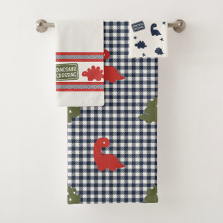 Preppy Boys Dinosaur Gingham -  Red & Navy Bath Towel Set