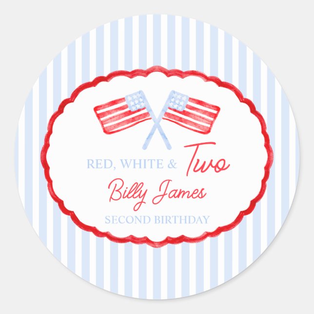 Preppy Boys Red White & Two Patriotic Birthday Classic Round Sticker (Front)